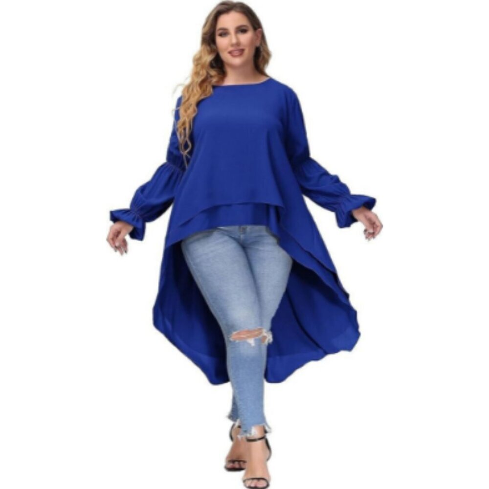 Hanna Nikole Women High Low Tops Lantern Sleeve Asymmetrical Hem 16W Royal Blue